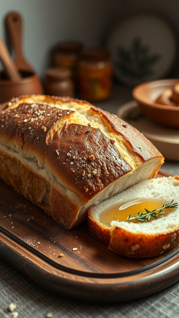 A golden brown loaf of no-yeast bread sliced on a wooden board, with a bowl of olive oil and herbs.